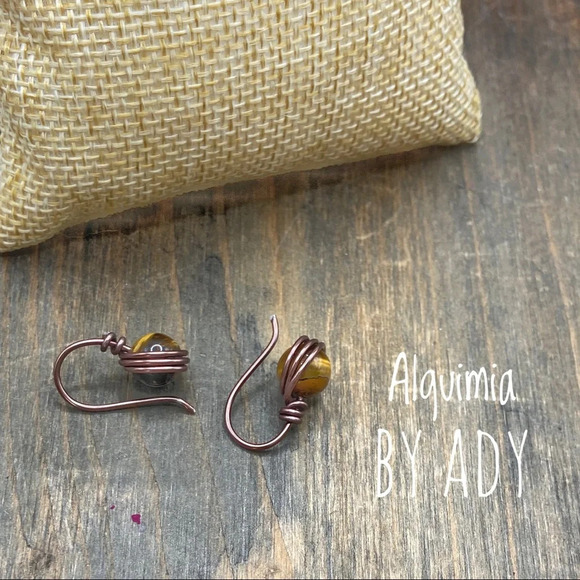 Rustic animal print tigers Eye wire wrap brass dangle  earrings - Picture 2 of 4